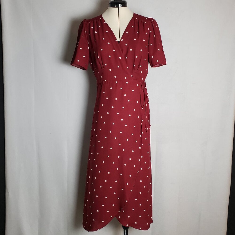 Everly Red Polka Dot Midi Dress Full Faux Wrap Cross V Neck Size Medium